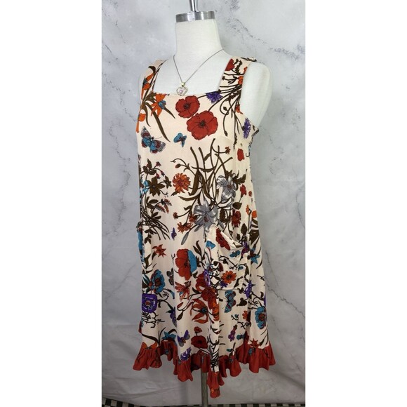 Vintage 60s Butterfly Shift Dress SZ M Red Floral Psychedelic Ruffled 1960s - Picture 2 of 16